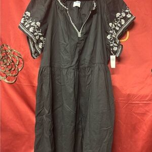 Old Navy Black Midi Dress with White Floral Embroidery